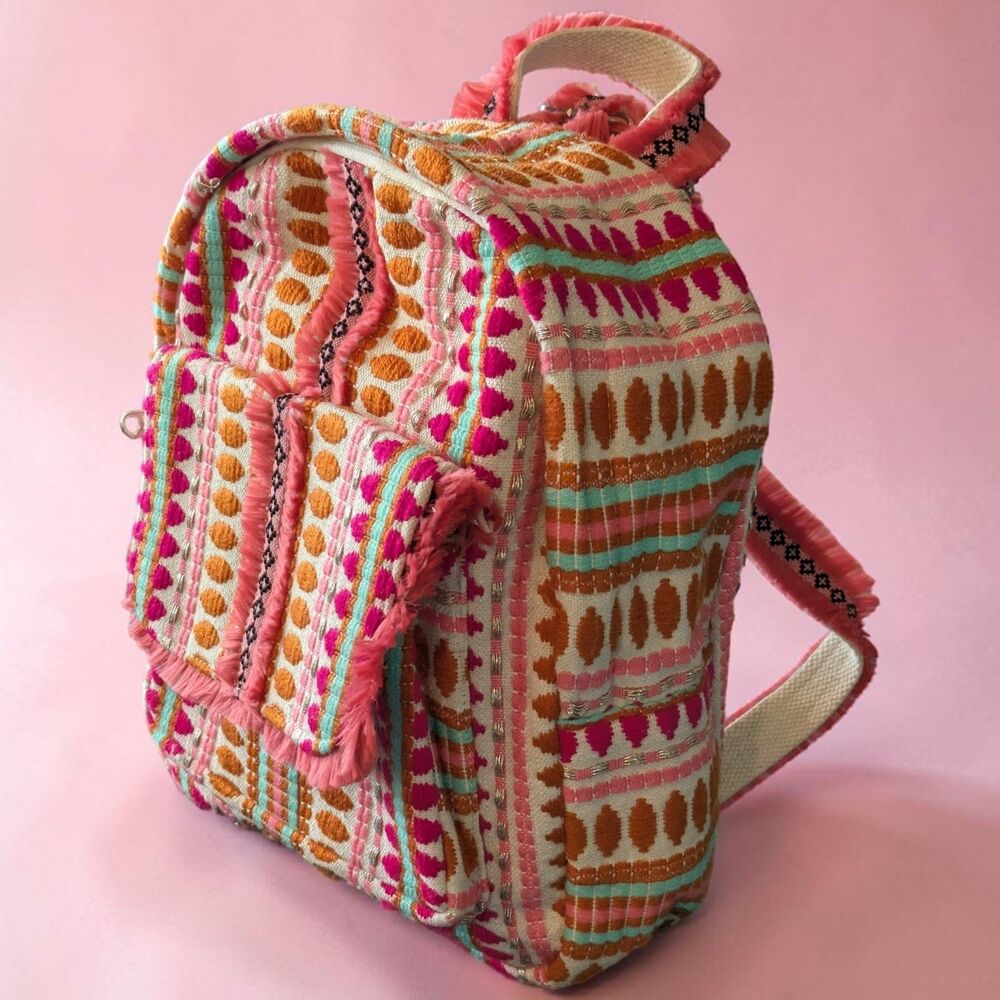 Bohemian Cotton Mini Backpack JANE MARIE 13" x 10.5" Pink Patterned